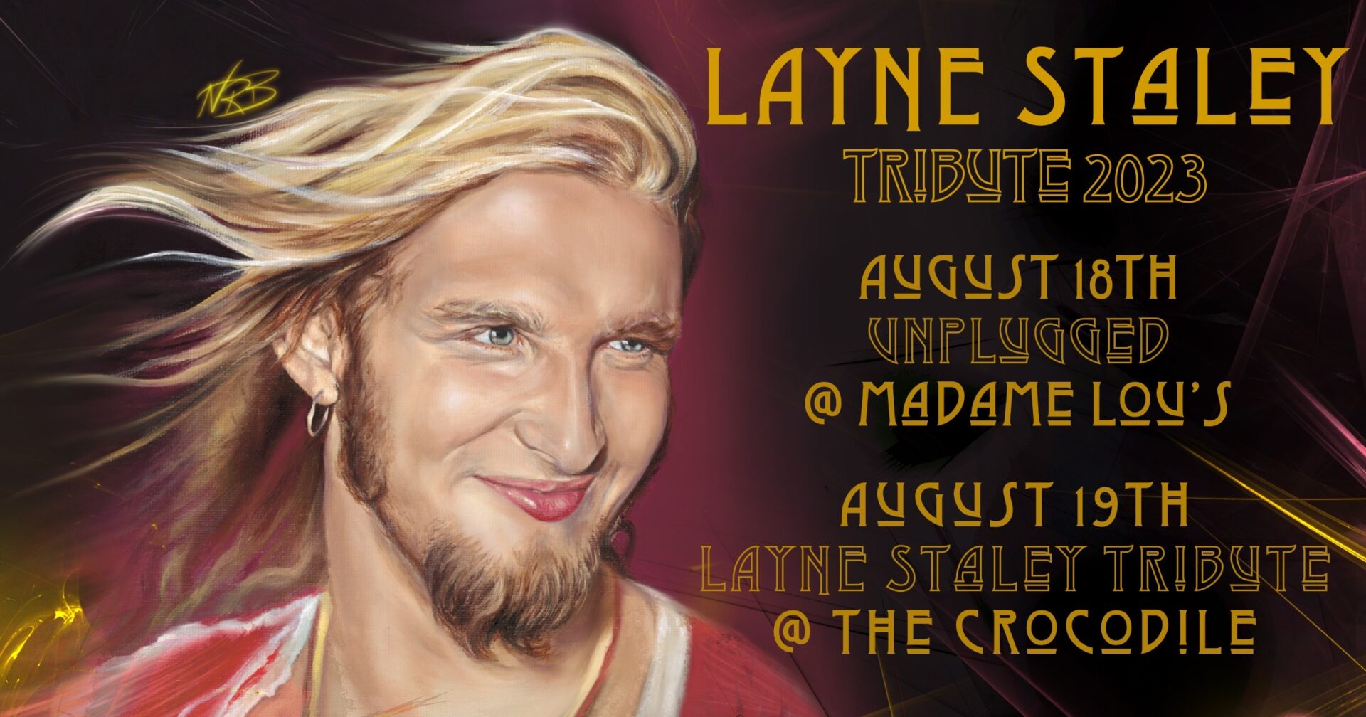 A painting of layne staley with the names of his past and present members.