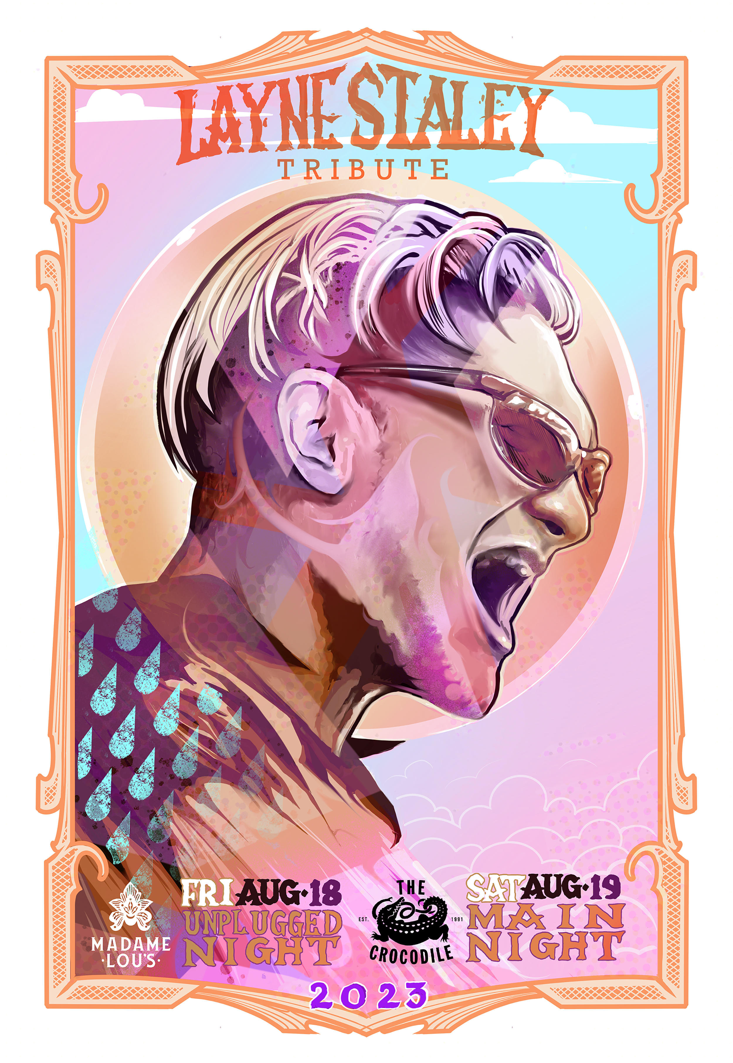 A poster for a Layne Staley Tribute concert featuring a man in sunglasses.